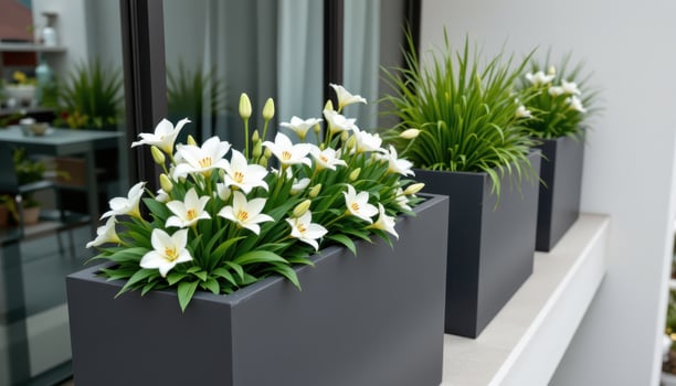 a minimalist modern balcony railing with sleek rectangular planters full of white lilies and ornamental grass. photo
