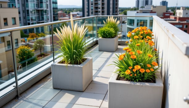 an urban rooftop balcony with glass railings and concrete planter boxes filled with ornamental grasses and marigolds. photo