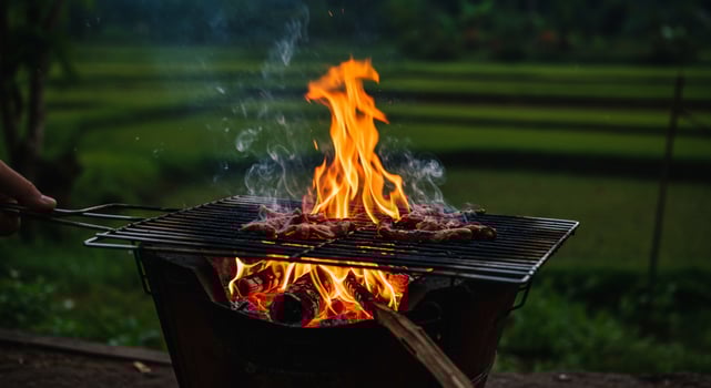 Outdoor grilling meat, rice fields background, using for food promotions photo
