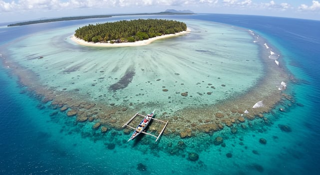 Outrigger boat navigates tropical atoll, ocean coral reef, island vacation photo