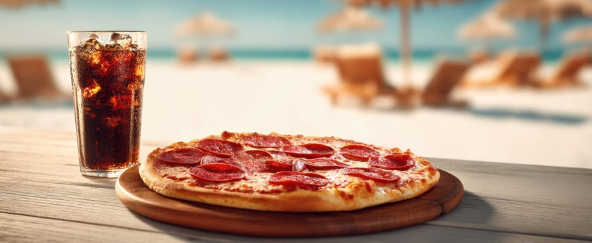 The delicious pepperoni pizza and refreshing cola at the beachside. photo