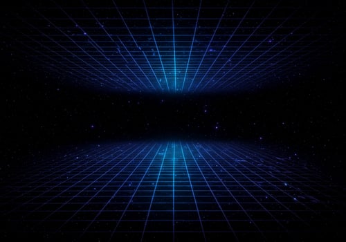 Perspective grid and glowing particles for a futuristic retro digital landscape photo