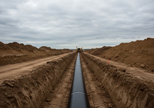 Pipeline Installation Backhoe Works in the Distance. Energy, Infrastructure photo