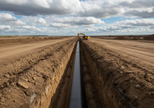 Pipeline construction, an excavator works on a trench with cloudy sky background photo