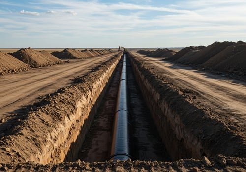 Pipeline construction in arid region with sky and excavator on background photo