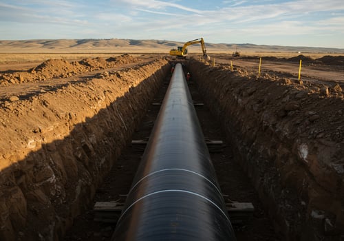 Pipeline construction with excavator in ditch at a barren land in daytime use photo
