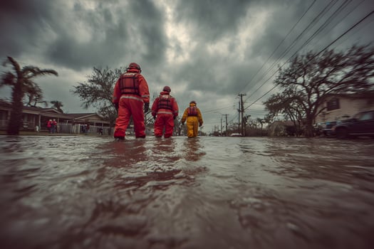 Rescue Workers Responding to Flooded Street in City photo