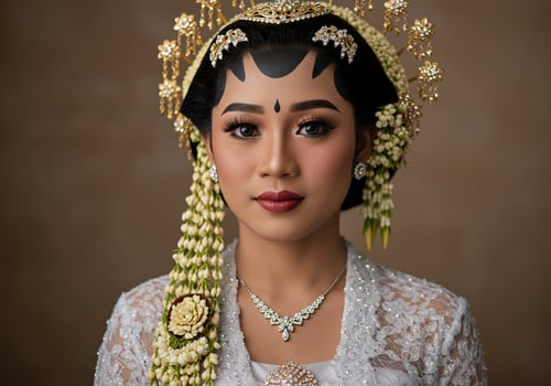 Portrait of a smiling Indonesian bride, traditional makeup, jewelry, and hairpiece photo