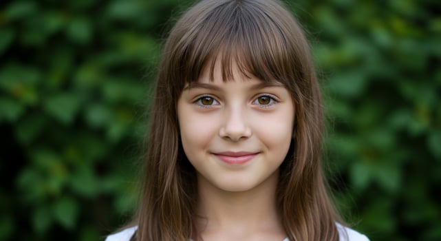 Portrait of a smiling girl in a garden. Background shows green foliage photo