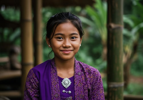Portrait of a smiling girl in traditional clothing in a rural setting photo