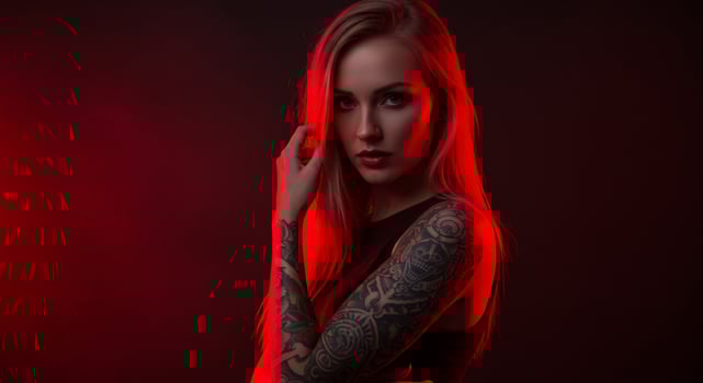 Portrait of a tattooed blonde woman looking at the camera with red lighting photo