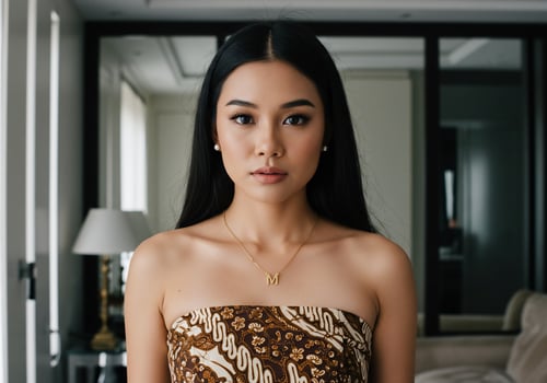 Portrait of an asian woman in front of a mirror in a stylish apartment photo