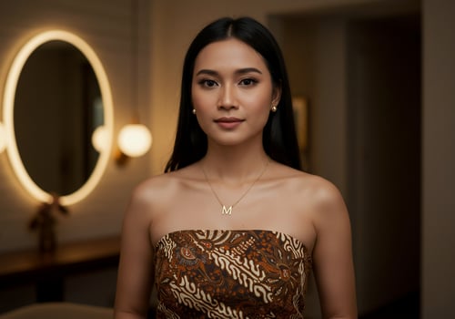 Portrait of elegant Indonesian woman in traditional batik dress, modern background photo