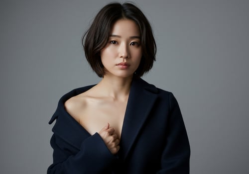 Portrait of confident Asian woman looking at camera with gray background photo
