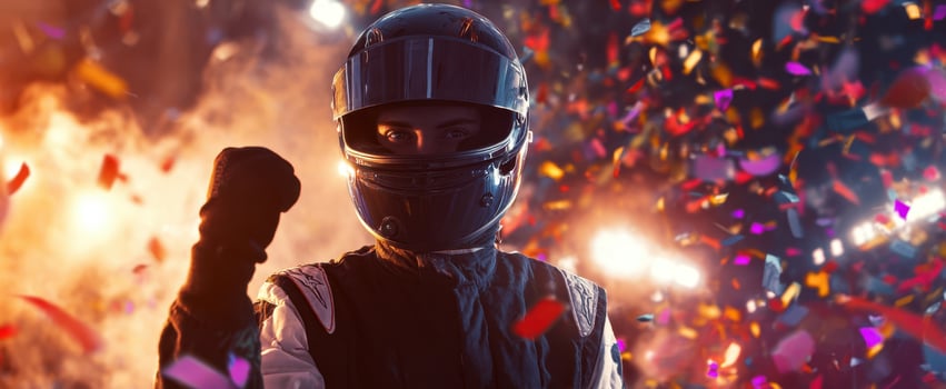 The race driver celebrates victory with a triumphant gesture amidst confetti and excitement. photo