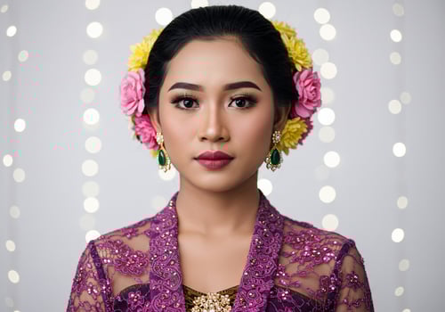 Portrait of woman wearing traditional Kebaya dress with flowers, bokeh background photo