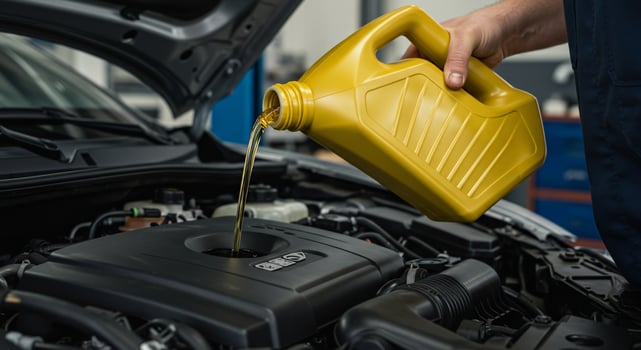 A man is pouring oil into a yellow container photo