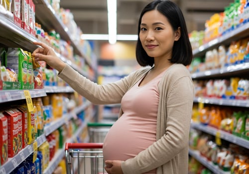 Pregnant woman chooses food items in a supermarket aisle for healthy eating photo