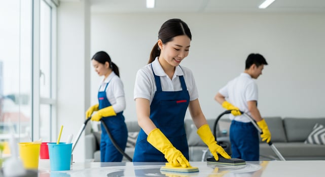Professional Cleaning Team Working in a Modern Apartment photo