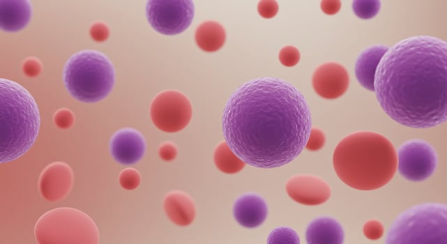 Purple and red cells floating in liquid used for medical visualization photo