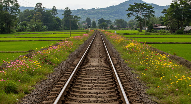 Railway tracks amid flowers, fields, and mountains for travel advertising background photo