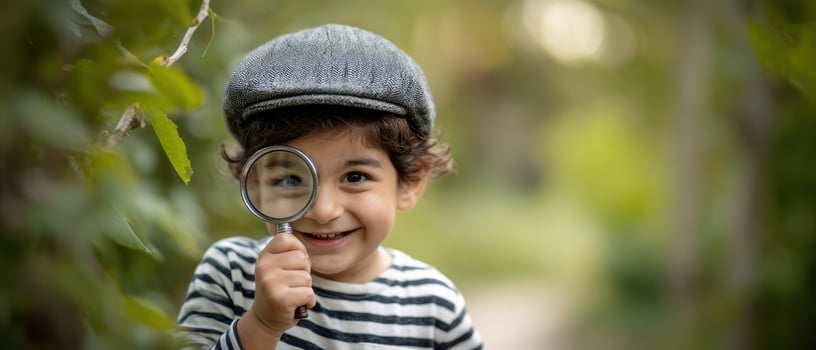 The joyful child exploring nature with a magnifying glass in a scenic setting. photo