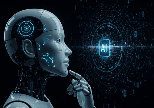 Robot woman thinks near AI icon in dark background to represent future tech photo