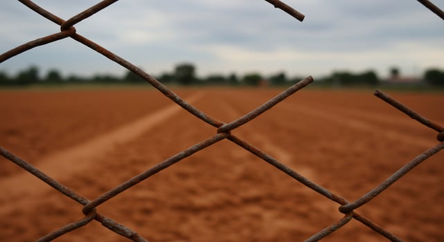 Rusty Chain Link Fence with Blurred Red Dirt Field Background photo