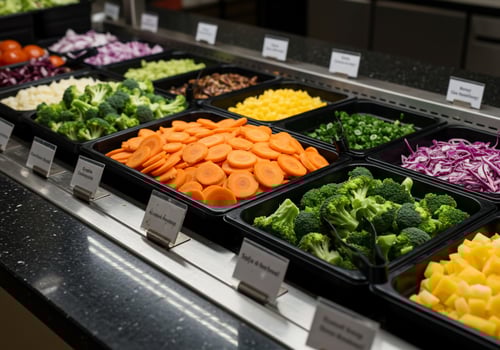 Salad bar with fresh veggies in a restaurant, healthy eating concept photo