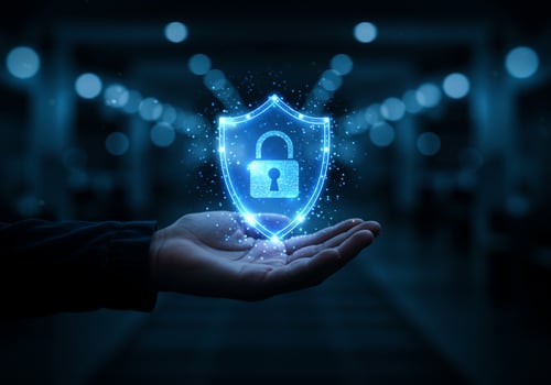Security shield on hand. Securing data from threats for financial protection photo