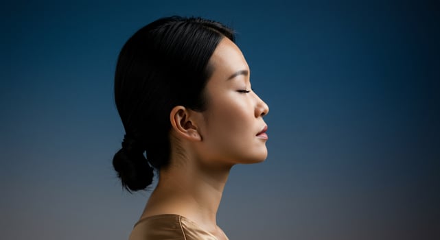 Serene Asian Woman with Eyes Closed on Blue Background photo