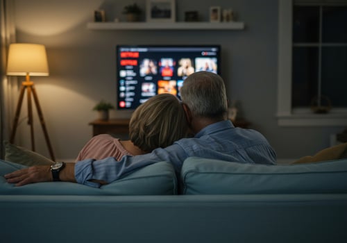 Senior couple watching TV on couch at home in the evening, enjoying leisure time photo