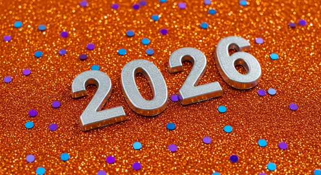 Shining silver 2026 date amid glitter and confetti background, event planning photo
