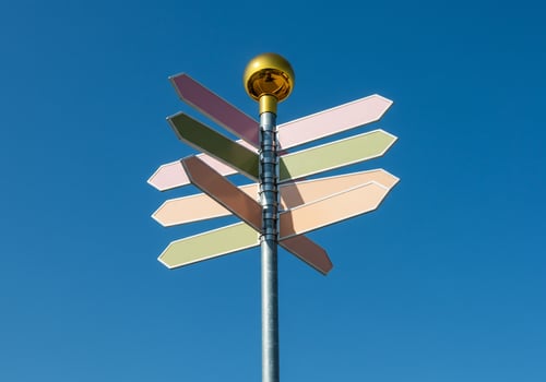 Signpost points multiple directions against a clear blue sky. Choice photo