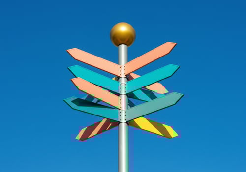 Signpost against clear blue sky background indicating choice of directions photo