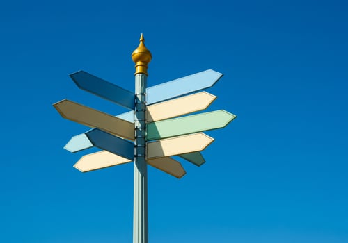 Signpost with colorful signs under clear blue sky indicates directions. Guidance photo
