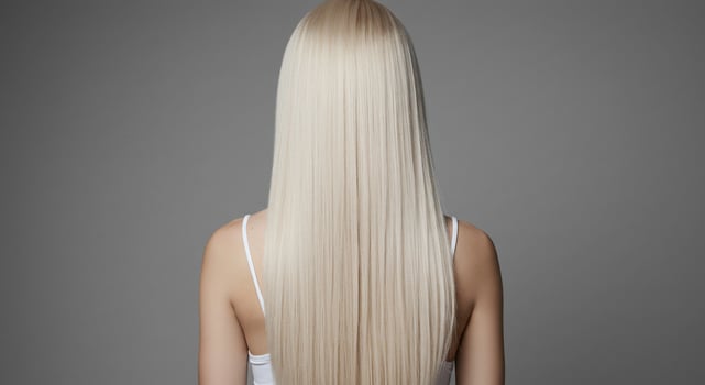 Long blonde hair back view of a woman with straight hair photo