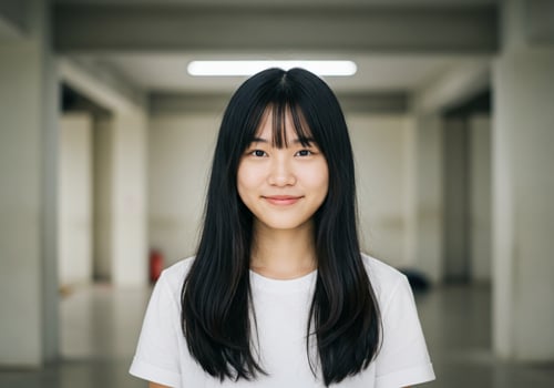 Smiling Asian student portrait in a hallway background, ideal for educational site photo