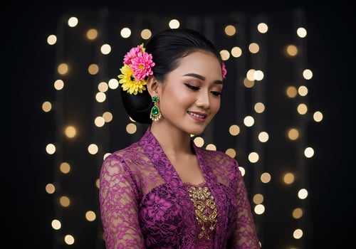 Smiling Asian woman in kebaya with floral hairpiece against bokeh lights backdrop photo