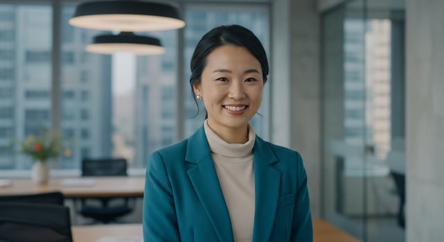 Smiling asian woman in blue suit at office. Financial district background photo