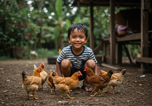 Smiling boy crouches with chickens in rural background, farm scene for children photo