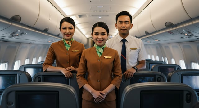 Smiling crew on plane welcome passengers. Travel industry ad or promotion photo
