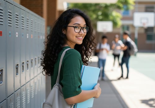 Smiling schoolgirl turns on campus with lockers and students in background photo