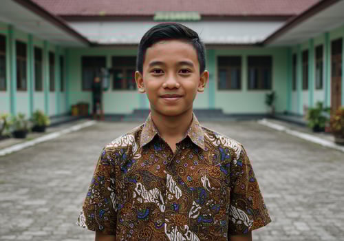 Smiling student outside school building with traditional clothing. Use education photo