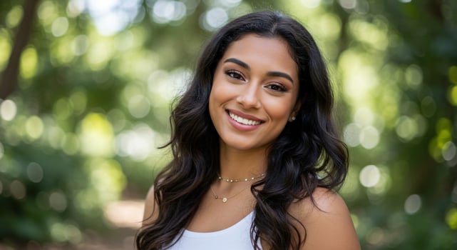 Smiling woman portrait amidst blurred green forest backdrop for use in ads photo
