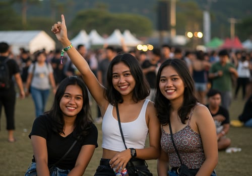Smiling women at festival with crowds and tents, enjoying music for social media photo