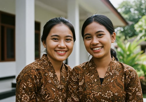 Two young women in traditional clothing smiling photo