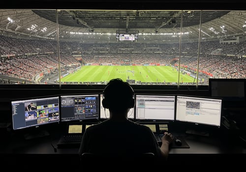 Sports broadcast production room overlooks soccer game in stadium for tv photo