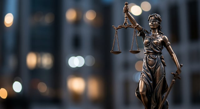 Statue of Justice holding scales in city, with bokeh lights in background photo