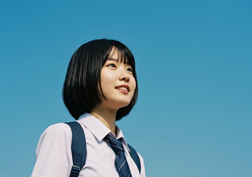 Student looks up in clear sky. Represents education, aspiration and the future photo